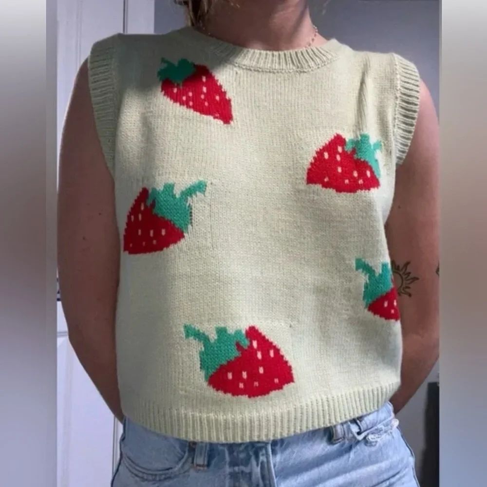 Strawberry Pattern Sleeveless Sweater - Cream and Red